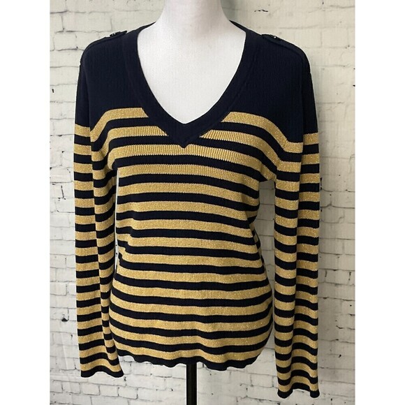 Ralph Lauren Jeans Company Womens Sweater Navy Gold Striped V Neck Size L U1 - Picture 3 of 12